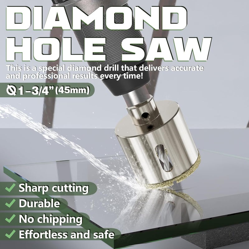 CSOOM 1-3/4"(45mm) Diamond Hole Saw with Center Drill Bit, One-Touch Positioning, Easy to Penetrate Hard Materials Such as Ceramic, Tile, Glass, Granite, Marble, etc. - Image 3